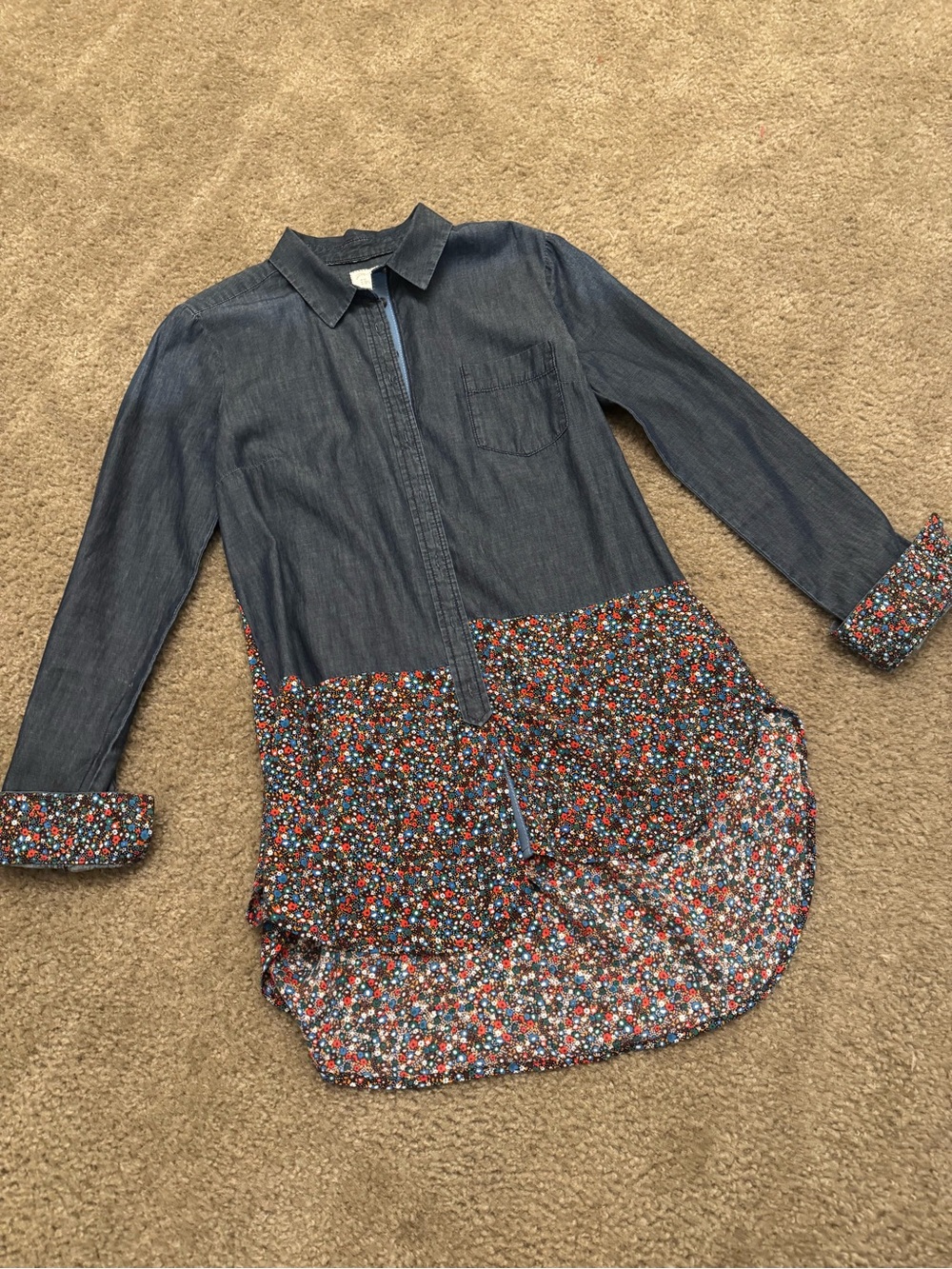 Anthropologie Women’s Navy Denim-Look Floral Hem Shirt